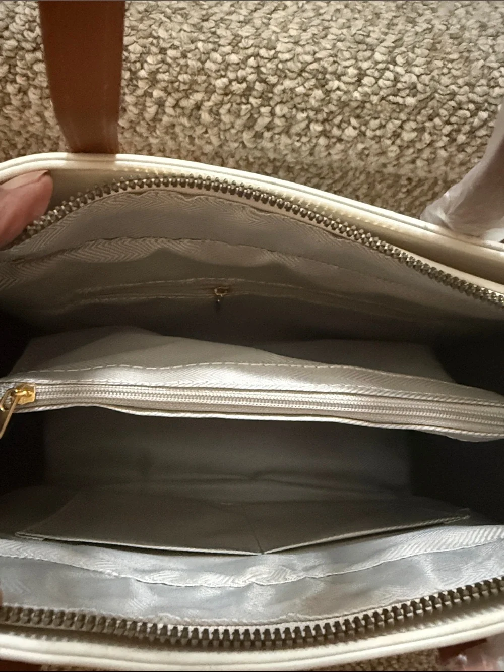 Embroidered Cream Satchel with Brown Handles